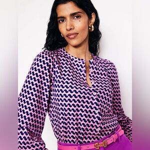 Boden Marina Waves Jersey Shirt Pink and Navy Wave Pattern Blouse Size:12
